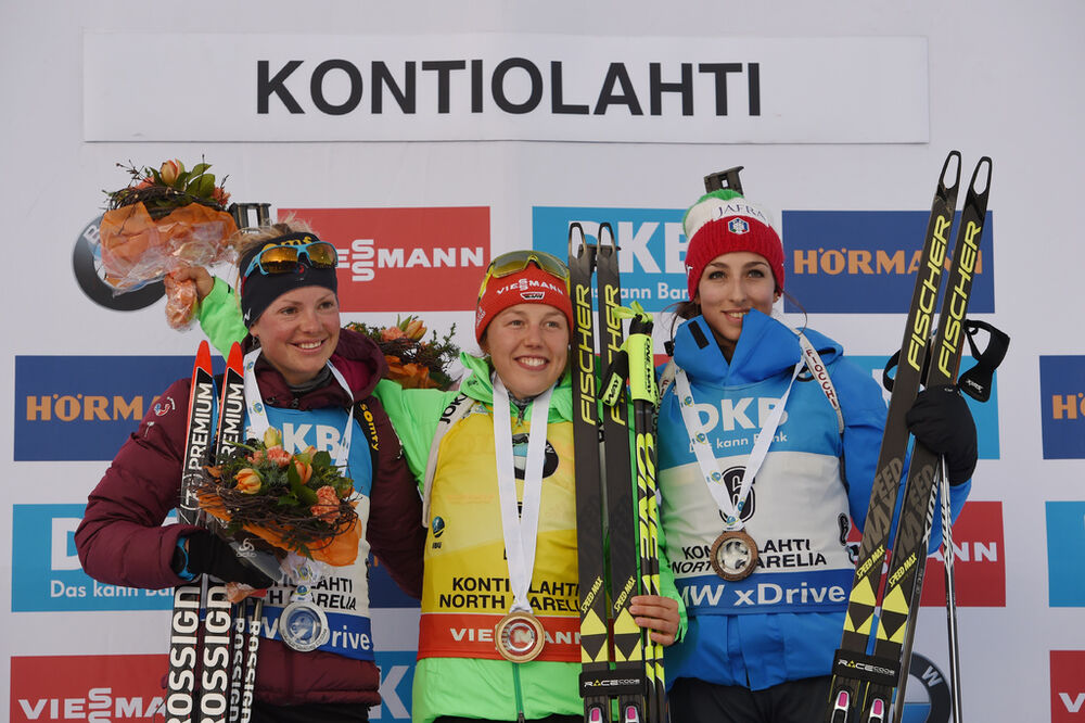 11.03.2017, Kontiolahti, Finland (FIN):Lisa Vittozzi (ITA), Marie Dorin Habert (FRA), Laura Dahlmeier (GER) -  IBU world cup biathlon, pursuit women, Kontiolahti (FIN). www.nordicfocus.com. © Tumashov/NordicFocus. Every downloaded picture is fee-liable.