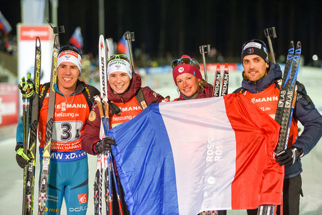 12.03.2017, Kontiolahti, Finland (FIN):Quentin Fillon Maillet (FRA), Simon Desthieux (FRA), Anais Bescond (FRA), Marie Dorin Habert (FRA) - IBU world cup biathlon, relay mixed, Kontiolahti (FIN). www.nordicfocus.com. © Tumashov/NordicFocus. Every downl NordicFocus 12.03.2017, Kontiolahti, Finland (FIN):Quentin Fillon Maillet (FRA), Simon Desthieux (FRA), Anais Bescond (FRA), Marie Dorin Habert (FRA) - IBU world cup biathlon, relay mixed, Kontiolahti (FIN). www.nordicfocus.com. © Tumashov/NordicFocus. Every downl