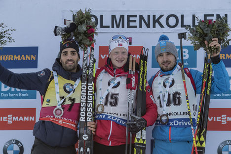 17.03.2017, Oslo, Norway (NOR):Martin Fourcade (FRA), Johannes Thingnes Boe (NOR), Anton Shipulin (RUS), (l-r) - IBU world cup biathlon, sprint men, Oslo (NOR). www.nordicfocus.com. © Manzoni/NordicFocus. Every downloaded picture is fee-liable. NordicFocus 17.03.2017, Oslo, Norway (NOR):Martin Fourcade (FRA), Johannes Thingnes Boe (NOR), Anton Shipulin (RUS), (l-r) - IBU world cup biathlon, sprint men, Oslo (NOR). www.nordicfocus.com. © Manzoni/NordicFocus. Every downloaded picture is fee-liable.