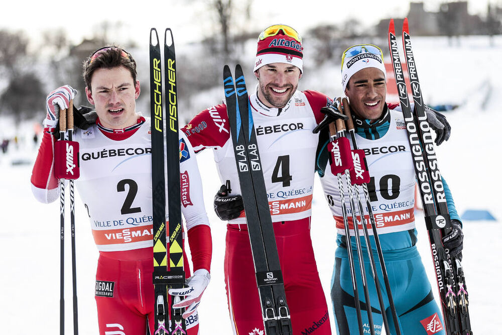 17.03.2017, Quebec, Canada (CAN):Finn Haagen Krogh (NOR), Alex Harvey (CAN), Richard Jouve (FRA), (l-r)  - FIS world cup cross-country, individual sprint, Quebec (CAN). www.nordicfocus.com. © Modica/NordicFocus. Every downloaded picture is fee-liable.