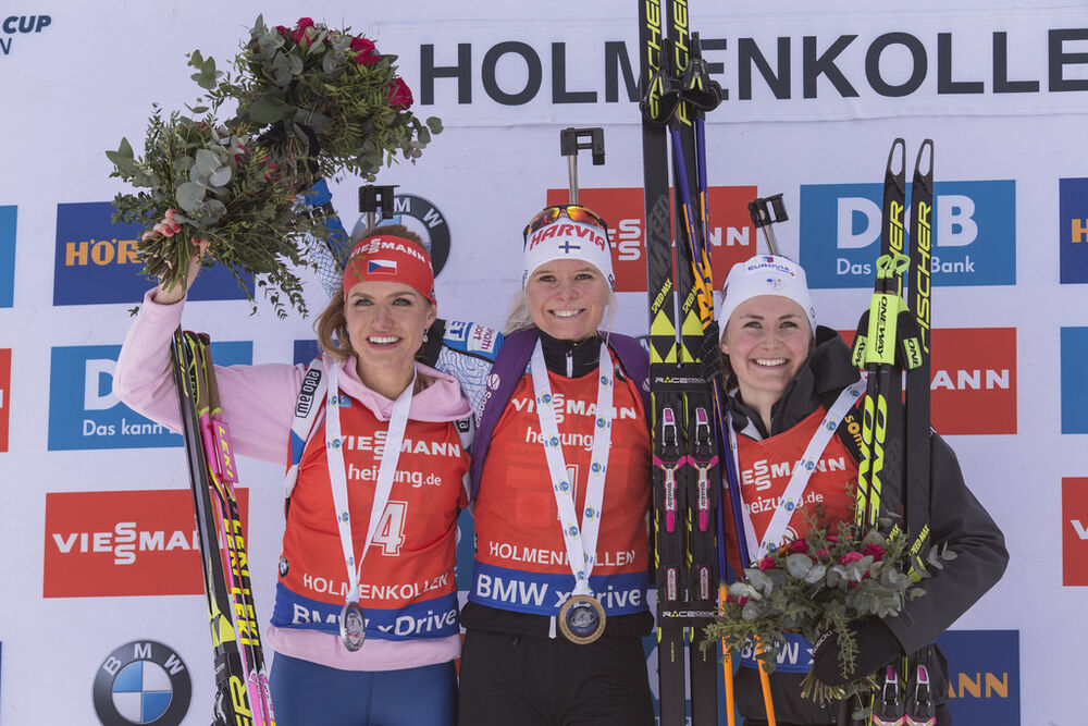 18.03.2017, Oslo, Norway (NOR):Gabriela Koukalova (CZE), Mari Laukkanen (FIN), Justine Braisaz (FRA), (l-r) -  IBU world cup biathlon, pursuit women, Oslo (NOR). www.nordicfocus.com. © Manzoni/NordicFocus. Every downloaded picture is fee-liable.