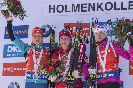 19.03.2017, Oslo, Norway (NOR):Gabriela Koukalova (CZE), Tiril Eckhoff (NOR), Kaisa Makarainen (FIN), (l-r) - IBU world cup biathlon, mass women, Oslo (NOR). www.nordicfocus.com. © Manzoni/NordicFocus. Every downloaded picture is fee-liable. NordicFocus 19.03.2017, Oslo, Norway (NOR):Gabriela Koukalova (CZE), Tiril Eckhoff (NOR), Kaisa Makarainen (FIN), (l-r) - IBU world cup biathlon, mass women, Oslo (NOR). www.nordicfocus.com. © Manzoni/NordicFocus. Every downloaded picture is fee-liable.