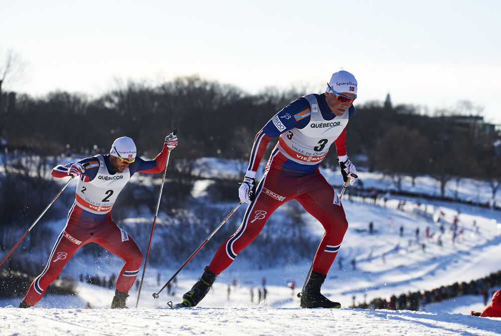 05.03.2016, Quebec, Canada (CAN):Petter Northug (NOR), Emil Iversen (NOR), (l-r)  - FIS world cup cross-country, pursuit men, Quebec (CAN). www.nordicfocus.com. © Felgenhauer/NordicFocus. Every downloaded picture is fee-liable.