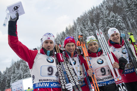 11.01.2017, Ruhpolding, Germany (GER):Emil Hegle Svendsen (NOR), Henrik L'abee-Lund (NOR), Ole Einar Bjoerndalen (NOR), Vetle Sjastad Christiansen (NOR), (l-r), (l-r) - IBU world cup biathlon, relay men, Ruhpolding (GER). www.nordicfocus.com. © Manzoni NordicFocus 11.01.2017, Ruhpolding, Germany (GER):Emil Hegle Svendsen (NOR), Henrik L