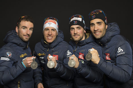18.02.2017, Hochfilzen, Austria (AUT):Jean Guillaume Beatrix (FRA), Quentin Fillon Maillet (FRA), Simon Desthieux (FRA), Martin Fourcade (FRA), (l-r) - IBU world championships biathlon, medals, Hochfilzen (AUT). www.nordicfocus.com. © NordicFocus. Every NordicFocus 18.02.2017, Hochfilzen, Austria (AUT):Jean Guillaume Beatrix (FRA), Quentin Fillon Maillet (FRA), Simon Desthieux (FRA), Martin Fourcade (FRA), (l-r) - IBU world championships biathlon, medals, Hochfilzen (AUT). www.nordicfocus.com. © NordicFocus. Every