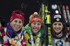 NordicFocus 02.03.2017, Pyeong Chang, Korea (KOR):Tiril Eckhoff (NOR), Laura Dahlmeier (GER), Anais Chevalier (FRA), (l-r) - IBU world cup biathlon, sprint women, Pyeong Chang (KOR). www.nordicfocus.com. © Manzoni/NordicFocus. Every downloaded picture is fee-liabl