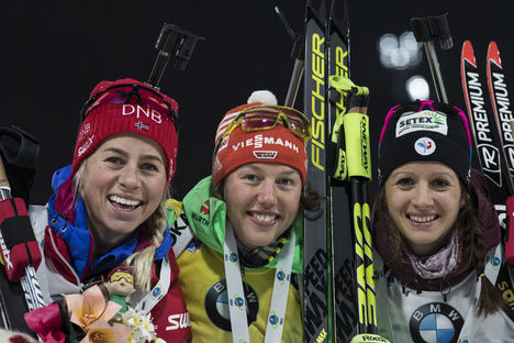NordicFocus 02.03.2017, Pyeong Chang, Korea (KOR):Tiril Eckhoff (NOR), Laura Dahlmeier (GER), Anais Chevalier (FRA), (l-r) - IBU world cup biathlon, sprint women, Pyeong Chang (KOR). www.nordicfocus.com. © Manzoni/NordicFocus. Every downloaded picture is fee-liabl