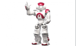 Roboten Nao ser ut som et menneske og er ifølge produsenten nå den mest brukte lærerroboten i verden. Han er utviklet i Frankrike og koster 70 000 kroner. (Bilde: Aldebaran Robotics)