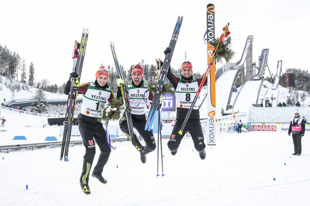 24.02.2017, Lahti, Finland (FIN):Eric Frenzel (GER), Johannes Rydzek (GER), Bjoern Kircheisen (GER), (l-r) - FIS nordic world ski championships, nordic combined, individual gundersen HS100/10km, Lahti (FIN). www.nordicfocus.com. © Modica/NordicFocus. Ev