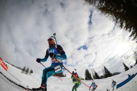 NordicFocus 18.02.2017, Hochfilzen, Austria (AUT):Jean Guillaume Beatrix (FRA) - IBU world championships biathlon, relay men, Hochfilzen (AUT). www.nordicfocus.com. © NordicFocus. Every downloaded picture is fee-liable.