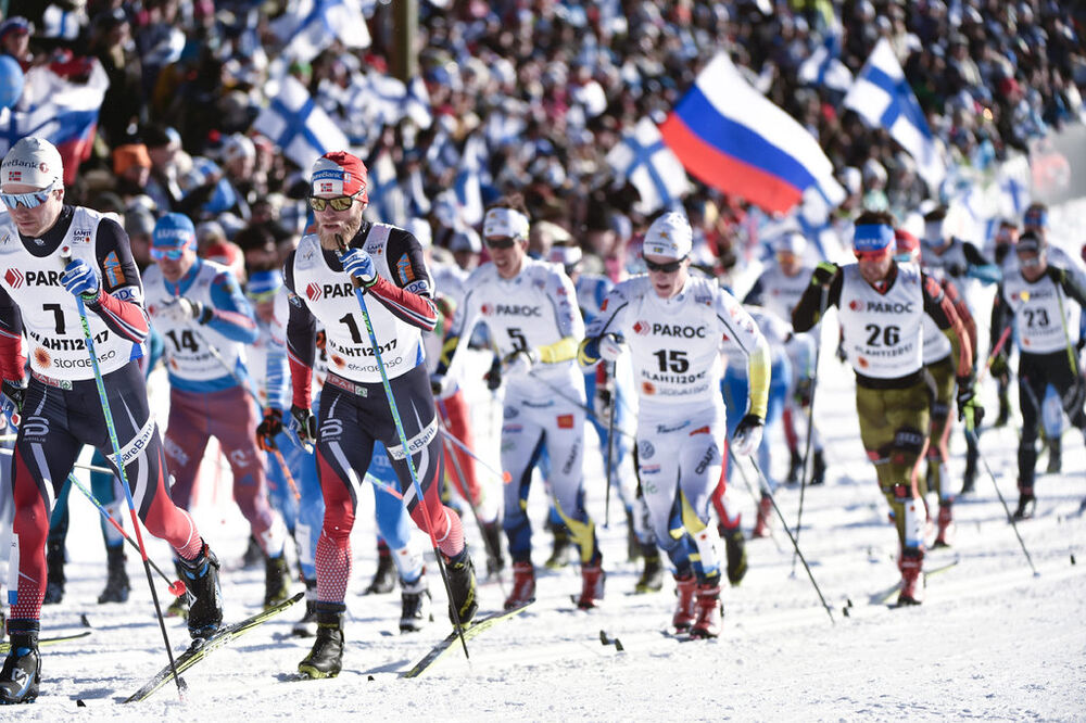 25.02.2017, Lahti, Finland (FIN):Sjur Roethe (NOR), Martin Johnsrud Sundby (NOR), Jens Burman (SWE) - FIS nordic world ski championships, cross-country, skiathlon men, Lahti (FIN). www.nordicfocus.com. © Thibauut/NordicFocus. Every downloaded picture is
