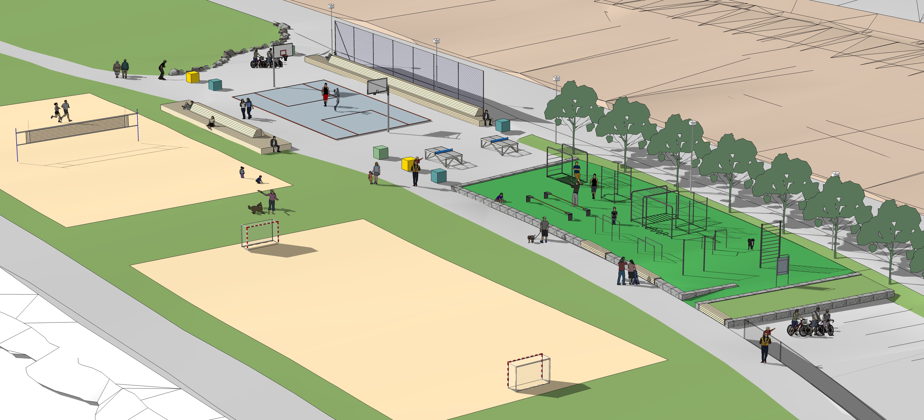 1.	Illustrasjonen viser hvordan den nye parken for egenvektstrening, bordtennisbord og basketbane er plassert i tilknytning til eksisterende sandballbaner. Illustrasjon: Camilla Fjellvik Paulsen, Larvik kommune. 