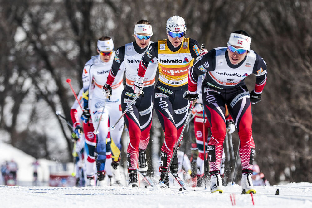 18.03.2017, Quebec, Canada (CAN):Marit Bjoergen (NOR), Heidi Weng (NOR), Ingvild Flugstad Oestberg (NOR), (l-r)  - FIS world cup cross-country, mass women, Quebec (CAN). www.nordicfocus.com. © Modica/NordicFocus. Every downloaded picture is fee-liable.