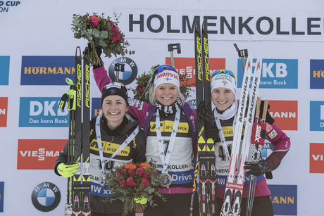 NordicFocus 17.03.2017, Oslo, Norway (NOR):Justine Braisaz (FRA), Mari Laukkanen (FIN), Anais Bescond (FRA), (l-r) - IBU world cup biathlon, sprint women, Oslo (NOR). www.nordicfocus.com. © Manzoni/NordicFocus. Every downloaded picture is fee-liable.