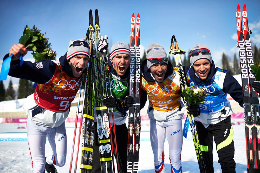 16.02.2014, Sochi, Russia (RUS): Jean Marc Gaillard (FRA), Maurice Manificat (FRA), Robin Duvillard (FRA), Ivan Perrillat Boiteux (FRA), (l-r)- XXII. Olympic Winter Games Sochi 2014, cross-country, 4x10km men, Sochi (RUS). www.nordicfocus.com. © NordicF
