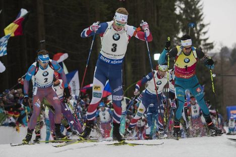 NordicFocus 18.12.2016, Nove Mesto, Czech Republic (CZE): Anton Shipulin (RUS), Johannes Thingnes Boe (NOR), Martin Fourcade (FRA), (l-r) - IBU world cup biathlon, mass men, Nove Mesto (CZE). www.nordicfocus.com. © Manzoni/NordicFocus. Every downloaded picture is fe