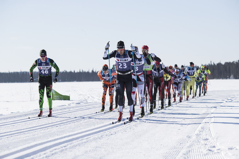 08.04.2017, Levi, Finland (FIN):Ermil Vokuev (RUS), Johan Kj¿lstad (NOR), Anton Karlsson (SWE), Morten Eide Pedersen (NOR), Andreas Nygaard (NOR), Petter Eliassen (NOR), (l-r) - Visma Ski Classics Yllaes-Levi, Levi (FIN). www.nordicfocus.com. © Manzoni