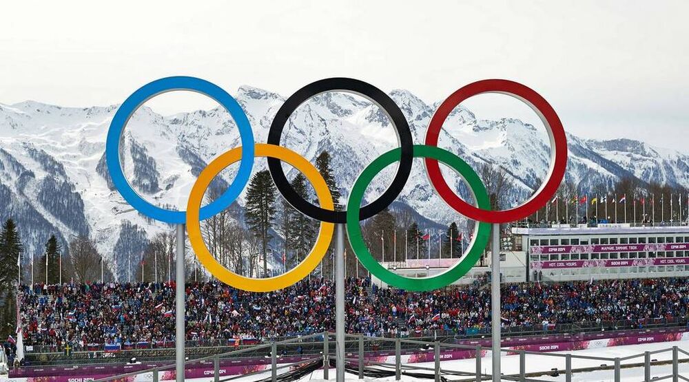09.02.2014, Sochi, Russia (RUS): the olympic rings high above the venue- XXII. Olympic Winter Games Sochi 2014, cross-country, skiathlon men, Sochi (RUS). www.nordicfocus.com. © NordicFocus. Every downloaded picture is fee-liable.