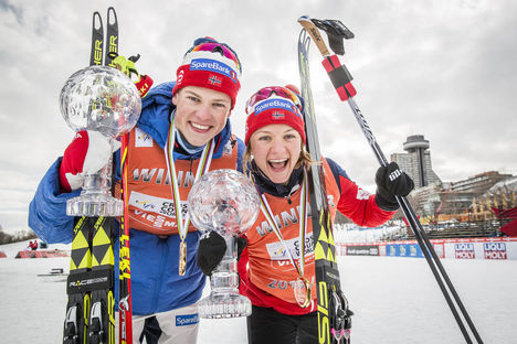 NordicFocus 17.03.2017, Quebec, Canada (CAN):Johannes Hoesflot Klaebo (NOR), Maiken Caspersen Falla (NOR), (l-r) - FIS world cup cross-country, cups, Quebec (CAN). www.nordicfocus.com. © Modica/NordicFocus. Every downloaded picture is fee-liable.