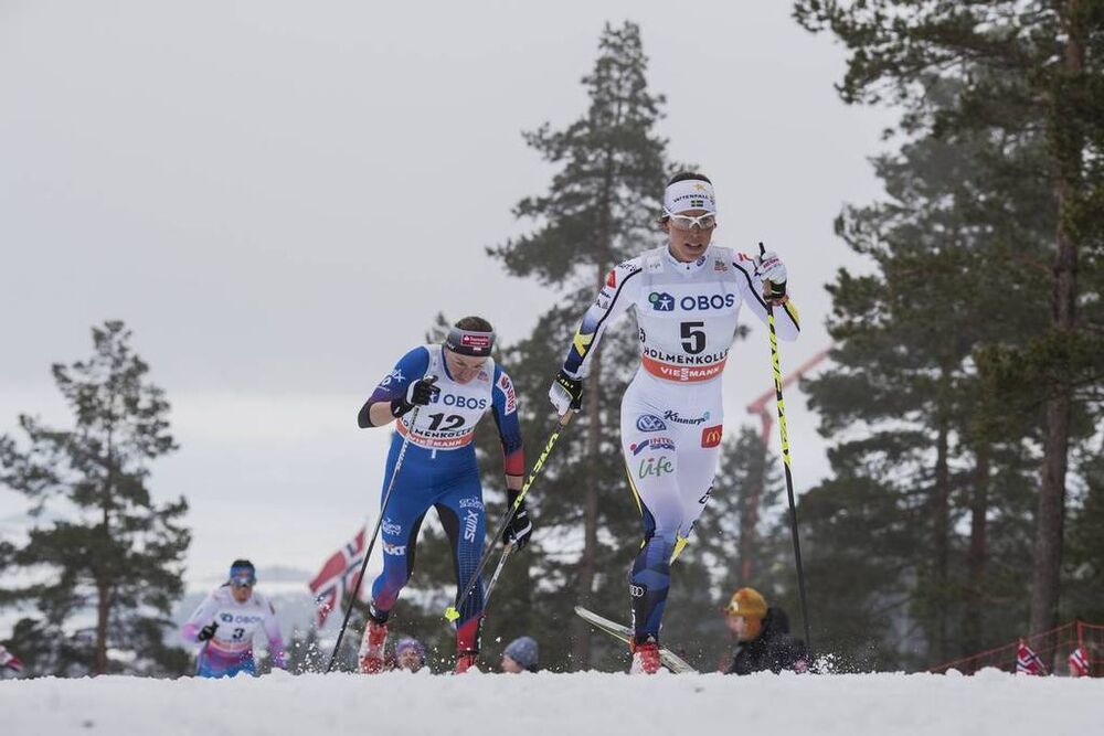 12.03.2017, Oslo, Norway (NOR):Justyna Kowalczyk (POL), Charlotte Kalla (SWE), (l-r) - FIS world cup cross-country, mass women, Oslo (NOR). www.nordicfocus.com. © NordicFocus. Every downloaded picture is fee-liable.