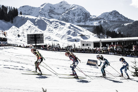 NordicFocus 19.02.2017, Hochfilzen, Austria (AUT):Laura Dahlmeier (GER), Gabriela Koukalova (CZE), Marie Dorin Habert (FRA), (l-r) - IBU world championships biathlon, mass women, Hochfilzen (AUT). www.nordicfocus.com. © NordicFocus. Every downloaded picture is fee-
