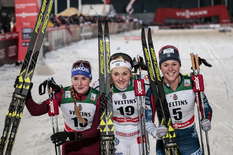 NordicFocus 24.11.2017, Ruka, Finland (FIN):Yulia Belorukova (RUS), Stina Nilsson (SWE), Sadie Bjornsen (USA), (l-r) - FIS world cup cross-country, individual sprint, Ruka (FIN). www.nordicfocus.com. © Modica/NordicFocus. Every downloaded picture is fee-liable.