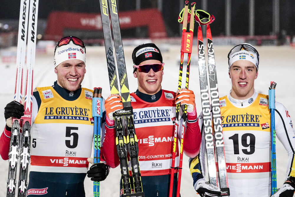 24.11.2017, Ruka, Finland (FIN):Paal Golberg (NOR), Johannes Hoesflot Klaebo (NOR), Calle Halfvarsson (SWE), (l-r)  - FIS world cup cross-country, individual sprint, Ruka (FIN). www.nordicfocus.com. © Modica/NordicFocus. Every downloaded picture is fee-