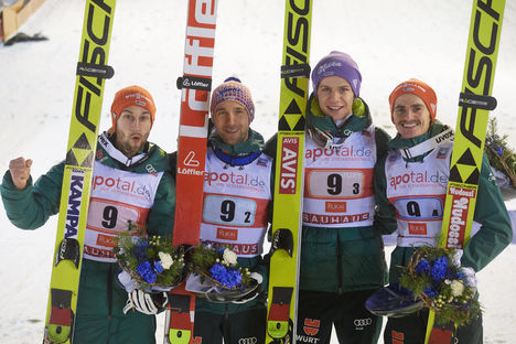 NordicFocus 25.11.2017, Ruka, Finland (FIN):Markus Eisenbichler (GER), Pius Paschke (GER), Andreas Wellinger (GER), Richard Freitag (GER), (l-r) - FIS world cup ski jumping, team HS142, Ruka (FIN). www.nordicfocus.com. © Rauschendorfer/NordicFocus. Every downloaded