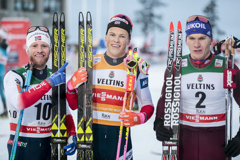 NordicFocus 26.11.2017, Ruka, Finland (FIN):Martin Johnsrud Sundby (NOR), Johannes Hoesflot Klaebo (NOR), Alexander Bolshunov (RUS), (l-r) - FIS world cup cross-country, pursuit men, Ruka (FIN). www.nordicfocus.com. © Modica/NordicFocus. Every downloaded picture i