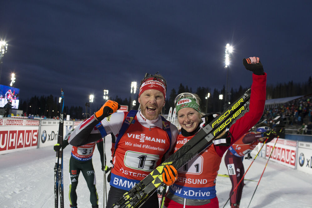 26.11.2017, Oestersund, Sweden, (SWE):Simon Eder (AUT), Lisa Theresa Hauser (AUT), (l-r) - IBU world cup biathlon, single mixed relay, Oestersund (SWE). www.nordicfocus.com. © Manzoni/NordicFocus. Every downloaded picture is fee-liable.