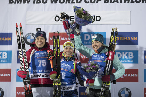 NordicFocus 29.11.2017, Oestersund, Sweden, (SWE):Synnoeve Solemdal (NOR), Nadezhda Skardino (BLR), Yuliia Dzhyma (UKR), (l-r) - IBU world cup biathlon, training, Oestersund (SWE). www.nordicfocus.com. © Manzoni/NordicFocus. Every downloaded picture is fee-liable.