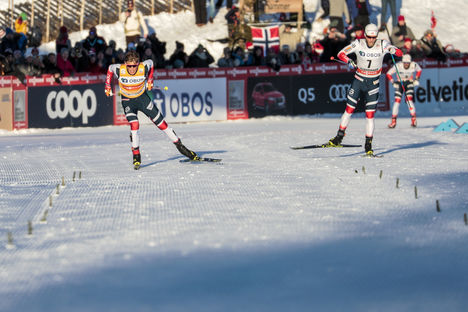 NordicFocus 03.12.2017, Lillehammer, Norway (NOR):Johannes Hoesflot Klaebo (NOR), Martin Johnsrud Sundby (NOR), (l-r) - FIS world cup cross-country, skiathlon men, Lillehammer (NOR). www.nordicfocus.com. © Modica/NordicFocus. Every downloaded picture is fee-liable