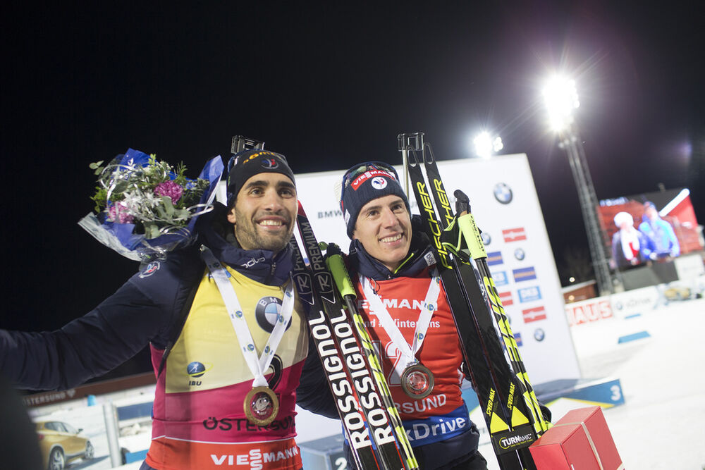 03.12.2017, Oestersund, Sweden, (SWE):Martin Fourcade (FRA), Quentin Fillon Maillet (FRA), (l-r) - IBU world cup biathlon, pursuit men, Oestersund (SWE). www.nordicfocus.com. © Manzoni/NordicFocus. Every downloaded picture is fee-liable.