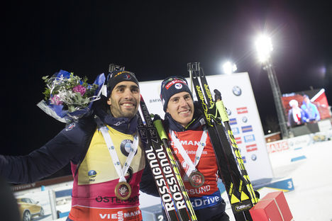 NordicFocus 03.12.2017, Oestersund, Sweden, (SWE):Martin Fourcade (FRA), Quentin Fillon Maillet (FRA), (l-r) - IBU world cup biathlon, pursuit men, Oestersund (SWE). www.nordicfocus.com. © Manzoni/NordicFocus. Every downloaded picture is fee-liable.