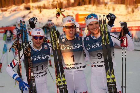 NordicFocus 03.12.2017, Lillehammer, Norway (NOR):Jan Schmid (NOR), Espen Andersen (NOR), Joergen Graabak (NOR), (l-r) - FIS world cup nordic combined, individual gundersen HS138/10km, Lillehammer (NOR). www.nordicfocus.com. © Rauschendorfer/NordicFocus. Every down