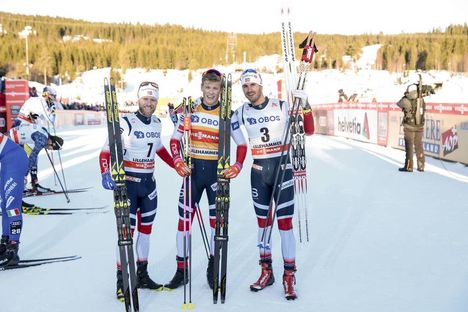 NordicFocus 03.12.2017, Lillehammer, Norway (NOR):Martin Johnsrud Sundby (NOR), Johannes Hoesflot Klaebo (NOR), Hans Christer Holund (NOR), (l-r) - FIS world cup cross-country, skiathlon men, Lillehammer (NOR). www.nordicfocus.com. © Modica/NordicFocus. Every down