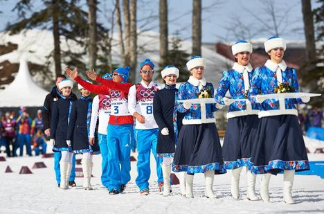 NordicFocus 23.02.2014, Sochi, Russia (RUS): Maxim Vylegzhanin (RUS), Alexander Legkov (RUS), Ilia Chernousov (RUS), (l-r)- XXII. Olympic Winter Games Sochi 2014, cross-country, 50km men, Sochi (RUS). www.nordicfocus.com. © NordicFocus. Every downloaded picture is