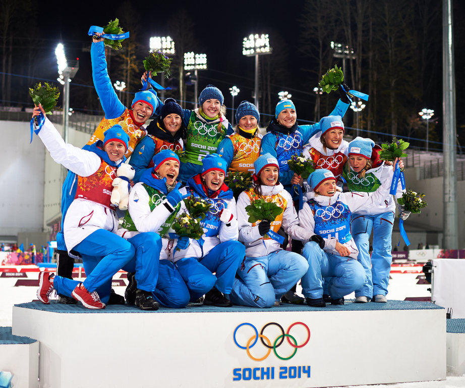 21.02.2014, Sochi, Russia (RUS): complete podium- XXII. Olympic Winter Games Sochi 2014, biathlon, relay women, Sochi (RUS). www.nordicfocus.com. © NordicFocus. Every downloaded picture is fee-liable.