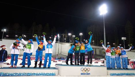 NordicFocus 21.02.2014, Sochi, Russia (RUS): Yana Romanova (RUS), Olga Zaitseva (RUS), Ekaterina Shumilova (RUS), Olga Vilukhina (RUS), Vita Semerenko (UKR), Juliya Dzhyma (UKR), Valj Semerenko (UKR), Olena Pidhrushna (UKR), Fanny Welle-Strand Horn (NOR), Tiril Eckho