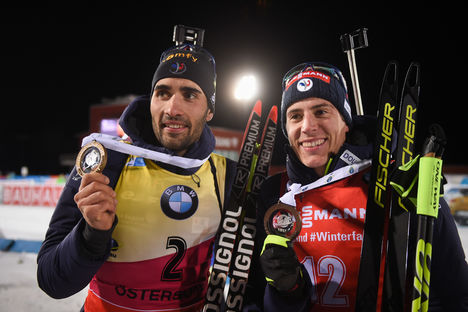 NordicFocus 03.12.2017, Oestersund, Sweden, (SWE):Quentin Fillon Maillet (FRA), Martin Fourcade (FRA) - IBU world cup biathlon, pursuit men, Oestersund (SWE). www.nordicfocus.com. © Tumashov/NordicFocus. Every downloaded picture is fee-liable.