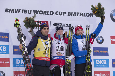 NordicFocus 08.12.2017, Hochfilzen, Austria (AUT):Martin Fourcade (FRA), Johannes Thingnes Boe (NOR), Jakov Fak (SLO), (l-r) - IBU world cup biathlon, sprint men, Hochfilzen (AUT). www.nordicfocus.com. © Manzoni/NordicFocus. Every downloaded picture is fee-liable.