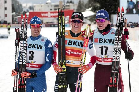 NordicFocus 09.12.2017, Davos, Switzerland (SUI):Johannes Hoesflot Klaebo (NOR), Federico Pellegrino (ITA), Alexander Bolshunov (RUS), (l-r) - FIS world cup cross-country, individual sprint, Davos (SUI). www.nordicfocus.com. © Modica/NordicFocus. Every downloaded