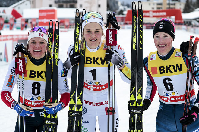09.12.2017, Davos, Switzerland (SUI):Stina Nilsson (SWE), Maiken Caspersen Falla (NOR), Kikkan Randall (USA), (l-r) - FIS world cup cross-country, individual sprint, Davos (SUI). www.nordicfocus.com. © Modica/NordicFocus. Every downloaded picture is fee