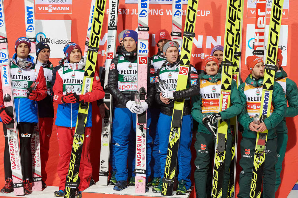 09.12.2017, Titisee-Neustadt, Germany (GER): Podium of the team jumping: Poland, Norway, Germany(l-r) - FIS world cup ski jumping, team HS142, Titisee-Neustadt (GER). www.nordicfocus.com. © Rauschendorfer/NordicFocus. Every downloaded picture is fee-lia