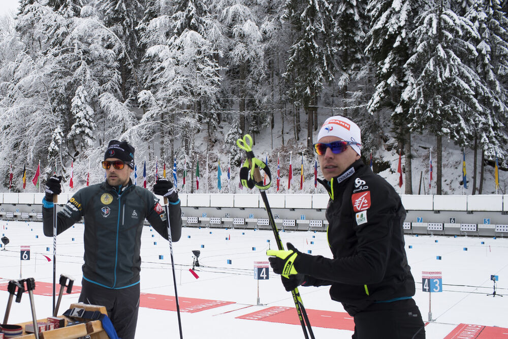 13.12.2017, Annecy-Le Grand Bornand, France (FRA): Simon Desthieux (FRA), Quentin Fillon Maillet (FRA), (l-r) -  IBU world cup biathlon, training, Annecy-Le Grand Bornand (FRA). www.nordicfocus.com. © Manzoni/NordicFocus. Every downloaded picture is fee-