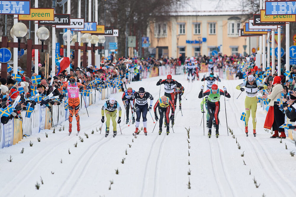 05.03.2017, Mora, Sweden (SWE):Stian Hoelgaard (NOR), Johan Kjoelstad (NOR), Markus Ottosson (SWE), Tord Asle Gjerdalen (NOR), Anders Aukland (NOR), Andreas Nygaard (NOR), John Kristian Dahl (NOR), (l-r)  - Ski Classics Vasaloppet, Mora (SWE). www.nordic