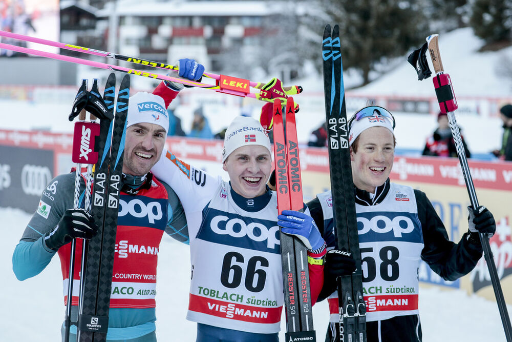 16.12.2017, Toblach, Italy (ITA):Maurice Manificat (FRA), Simen Hegstad Krueger (NOR), Andrew Musgrave (GBR), (l-r)  - FIS world cup cross-country, 15km men, Toblach (ITA). www.nordicfocus.com. © Modica/NordicFocus. Every downloaded picture is fee-liabl
