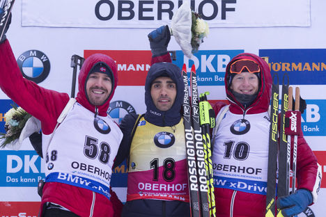 NordicFocus 05.01.2018, Oberhof, Germany (GER):Emil Hegle Svendsen (NOR), Martin Fourcade (FRA), Johannes Thingnes Boe (NOR), (l-r) - IBU world cup biathlon, sprint men, Oberhof (GER). www.nordicfocus.com. © Manzoni/NordicFocus. Every downloaded picture is fee-lia