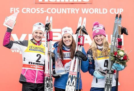 NordicFocus 07.01.2018, Val di Fiemme, Italy (ITA):Heidi Weng (NOR), Ingvild Flugstad Oestberg (NOR), Jessica Diggins (USA), (l-r) - FIS world cup cross-country, tour de ski, final climb women, Val di Fiemme (ITA). www.nordicfocus.com. © Modica/NordicFocus. Every d