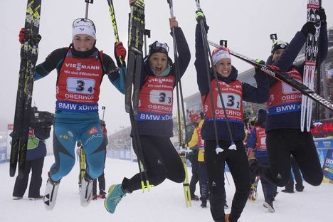 NordicFocus 07.01.2018, Oberhof, Germany (GER):Justine Braisaz (FRA), Celia Aymonier (FRA), Anais Chevalier (FRA), Anais Bescond (FRA), (l-r) - IBU world cup biathlon, relay women, Oberhof (GER). www.nordicfocus.com. © Manzoni/NordicFocus. Every downloaded picture